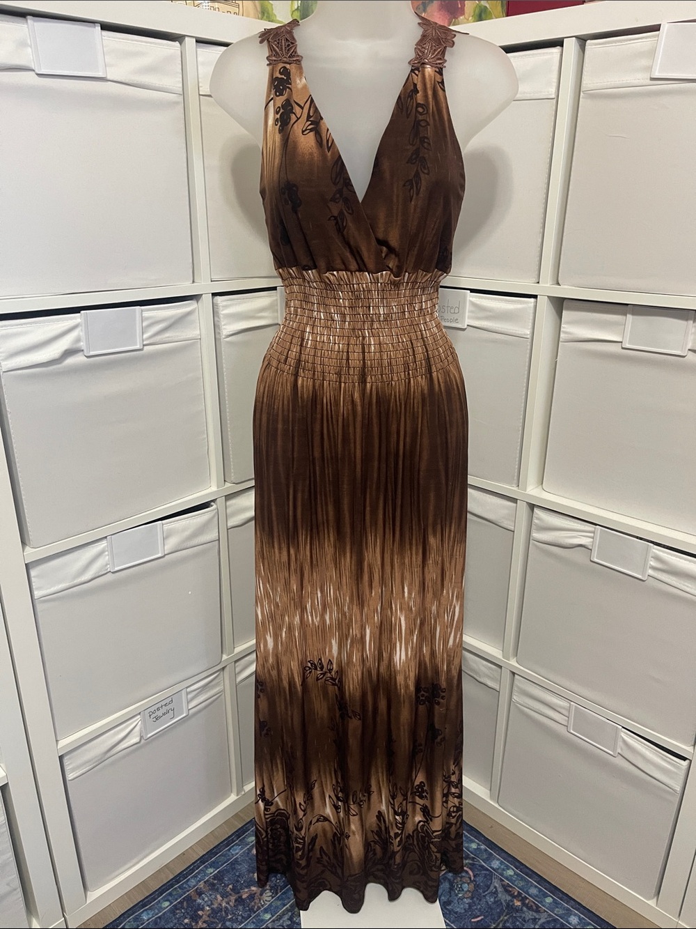 Brown Ombre Maxi Dress with Smocked Waist and V-Neck